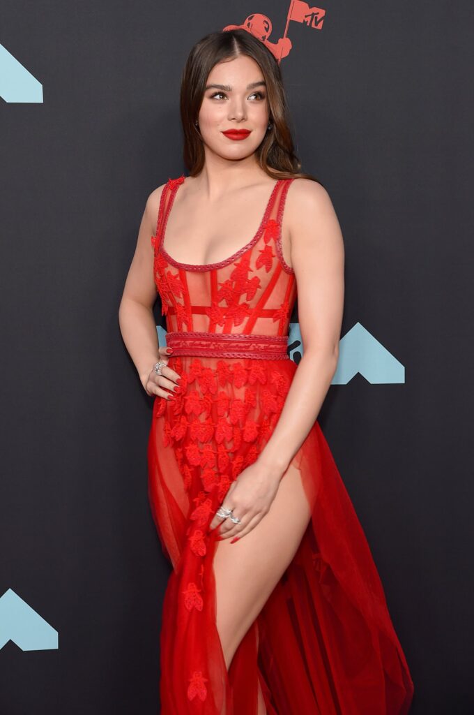  Hailee Steinfeld wearing a sheer red Aadnevik dress at the 2019 MTV VMAs red carpet.

